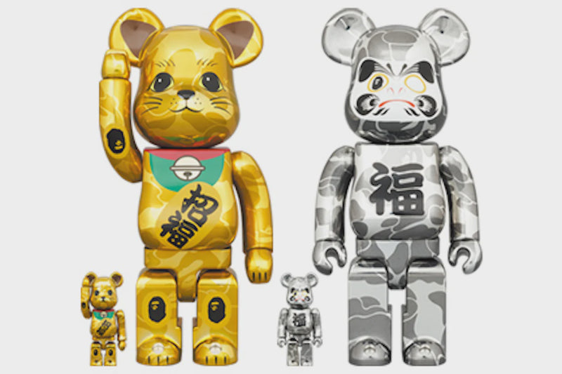 Bearbrick x BAPE Maneki Neko & Daruma 100% & 400% 4-Pc Set Gold & Silver Plated